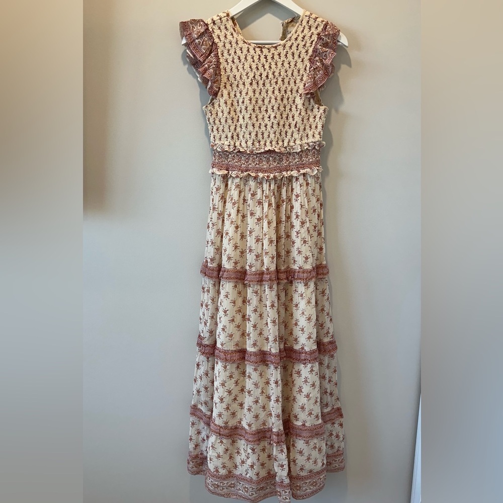 Saylor Hal Dress Tiered Midi Maxi Floral Pink White Cotton Sundress Resortwear - Picture 3 of 13